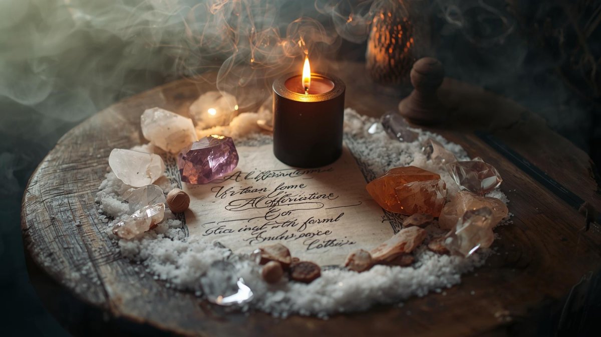 Scena rytuału oczyszczającego czarna świeca, kryształy, sól i papier z afirmacją otoczone aurą światła.